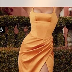 House of CB corset Square-Neck Ruched Midi Dress in Sunset Orange- bodycon